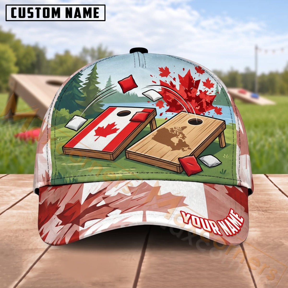 Maxcorners Cornhole Canada Maple Leaf Rustic Wooden Boards Personalized Name 3D Cap