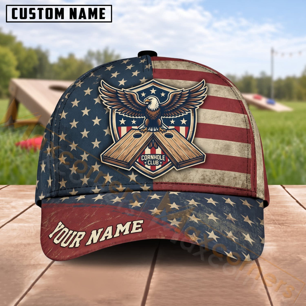 Maxcorners Cornhole American Flag Eagle Crest Crossed Boards Personalized Name 3D Cap
