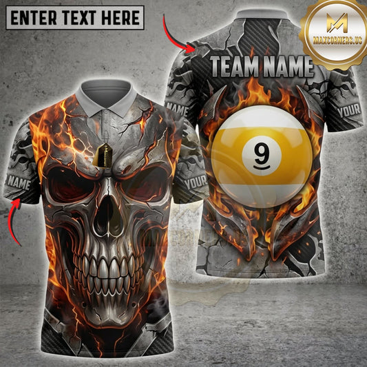 Maxcorners Billiards Flaming Skull And Golden 9 Ball Personalized Name 3D Unisex Shirt