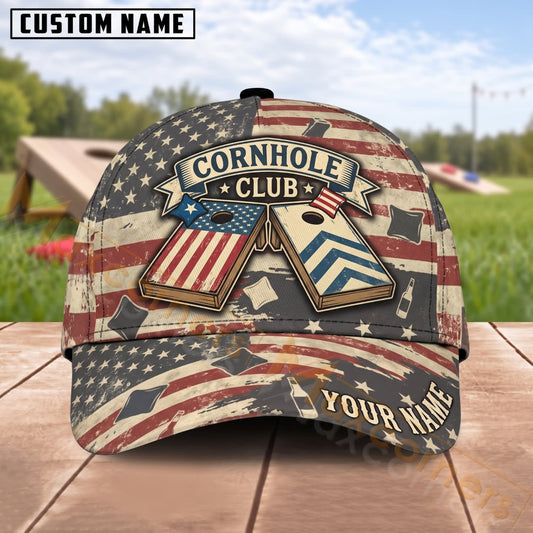 Maxcorners Cornhole Club Vintage American Flag Boards Personalized Name 3D Cap