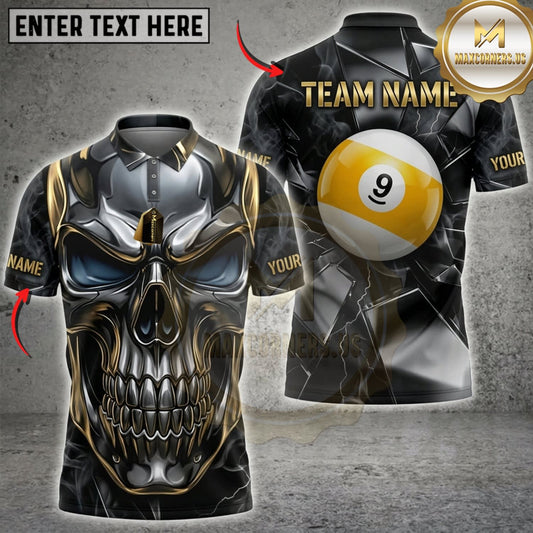 Maxcorners Billiards Metallic Skull And Golden 9 Ball Personalized Name 3D Unisex Shirt