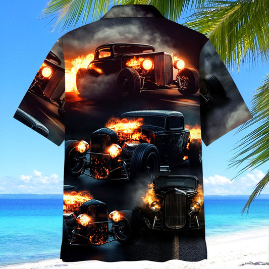 Maxcorners Black Hot Rod On Fire Hawaiian Shirt