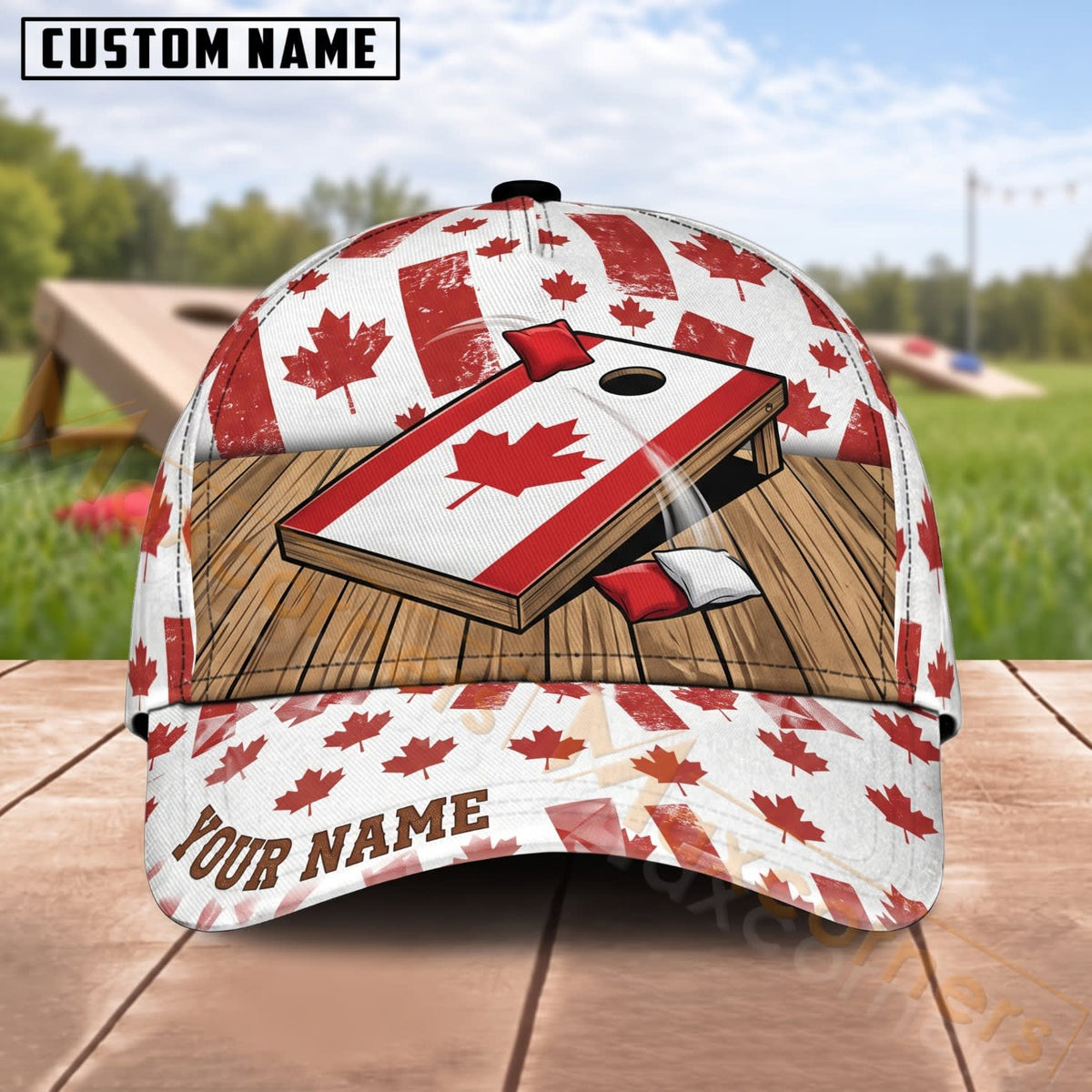 Maxcorners Cornhole Canadian Flag Maple Leaf Wooden Board Personalized Name 3D Cap