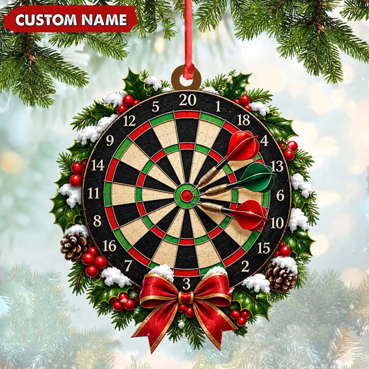 Maxcorners Darts Lover Festive Christmas Wreath, Target Board, Bow Accent Personalized Name Ornament 2D Flat