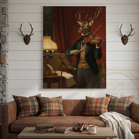Maxcorners Deer Violinist Performing Classical Music in Elegant Vintage Room Wrapped Canvas Wall Art