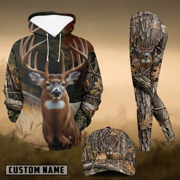 Maxcorners Hunting Whitetail Buck Forest Woodland Camo 3D Combo Hoodie, Legging Set & Cap