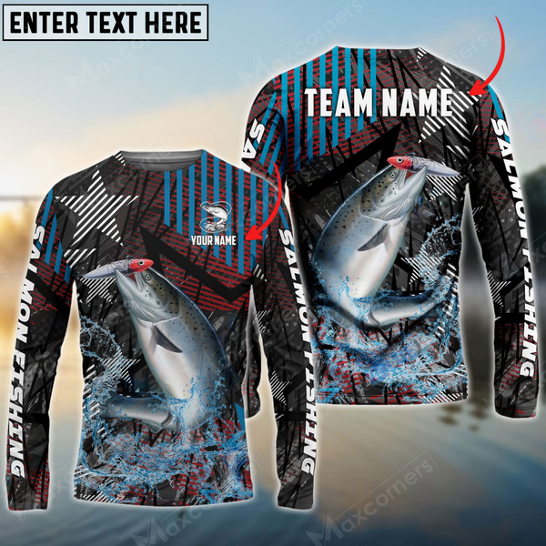 Maxcorners Salmon Fishing Rising Star Personalized Name, Team Name 3D Long Sleeve Shirt