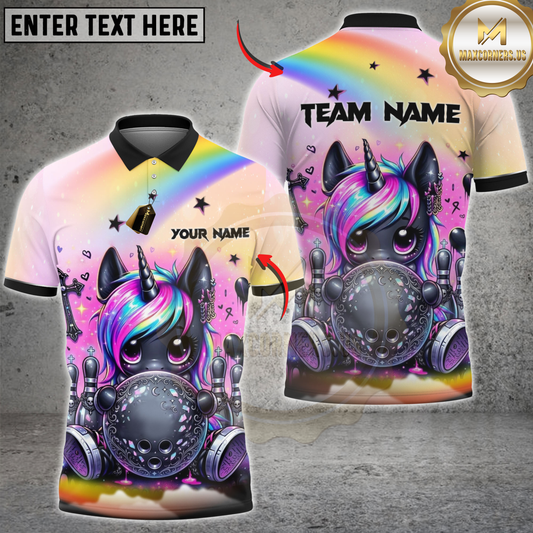 Maxcorners Bowling Cute Unicorn Rainbow Personalized Name, Team Name 3D Shirt