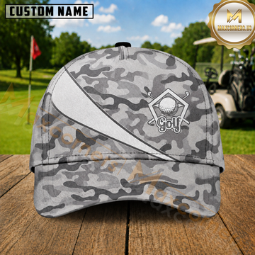 Maxcorners Golf Camouflage Gray White Black Personalized Name 3D Cap