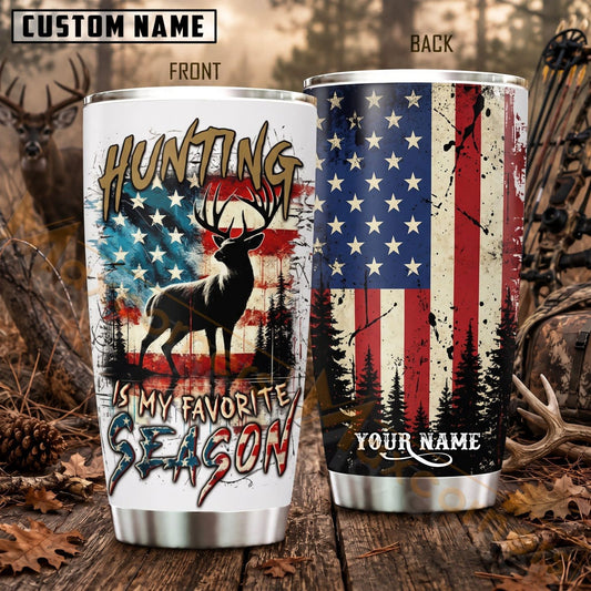 Maxcorners Hunting Hunting Season Deer American Flag Personalized Name 3D Tumbler