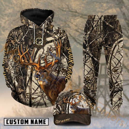 Maxcorners Hunting Whitetail Buck Antlers Tree Branch Camouflage Personalized 3D Combo Hoodie, Sweatpants Set & Cap