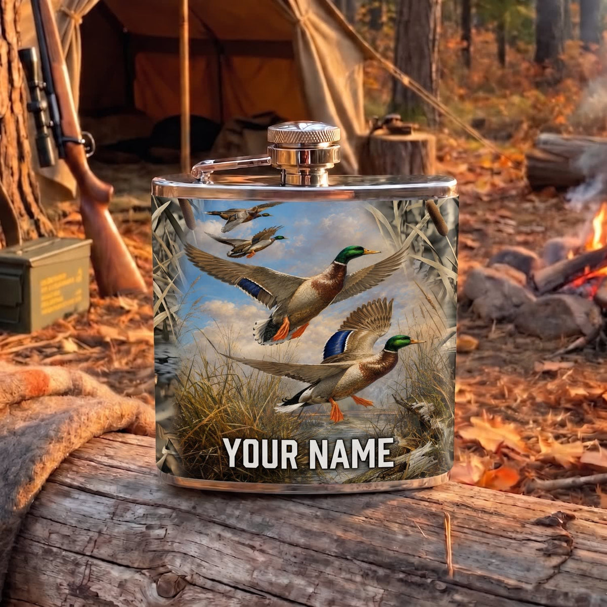 Maxcorners Hunting Flying Ducks Wetland Scene Personalized Name 3D Hip Flask