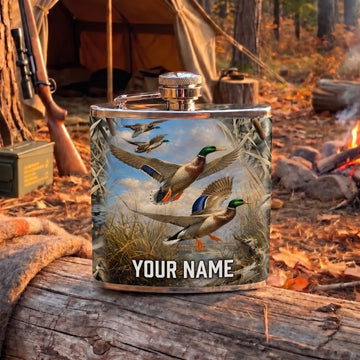 Maxcorners Hunting Flying Ducks Wetland Scene Personalized Name 3D Hip Flask