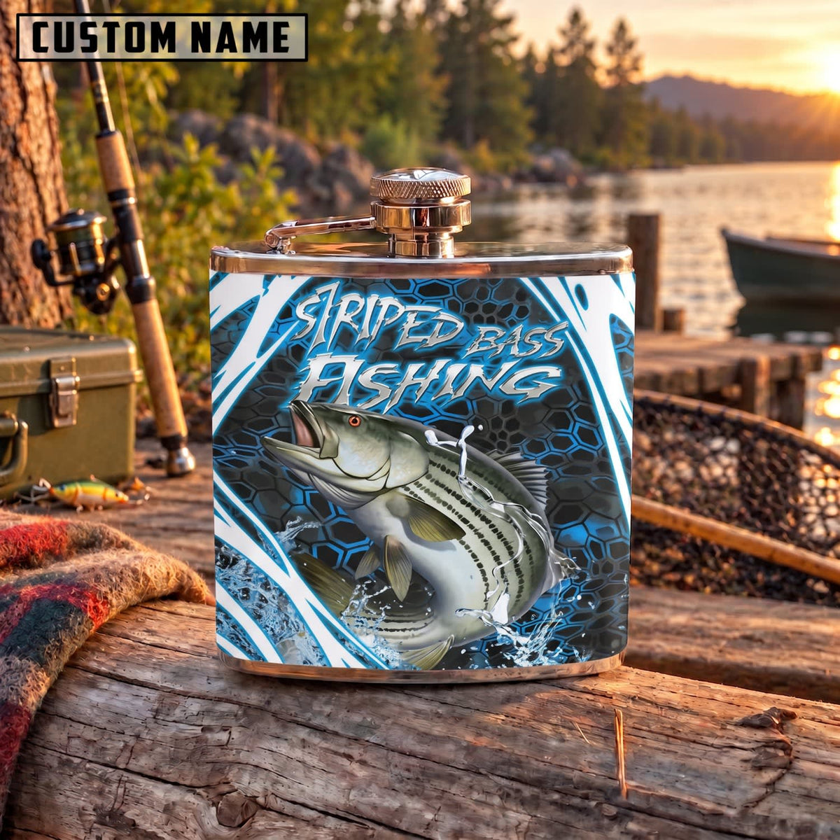 Maxcorners Fishing Striped Bass Blue Lightning Personalized Name 3D Hip Flask