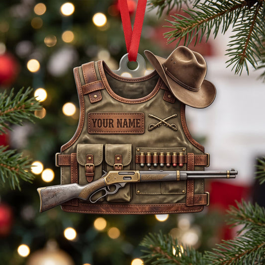 Maxcorners Hunting Vintage Leather Vest And Rifle Personalized Name 3D Keychain And Ornament