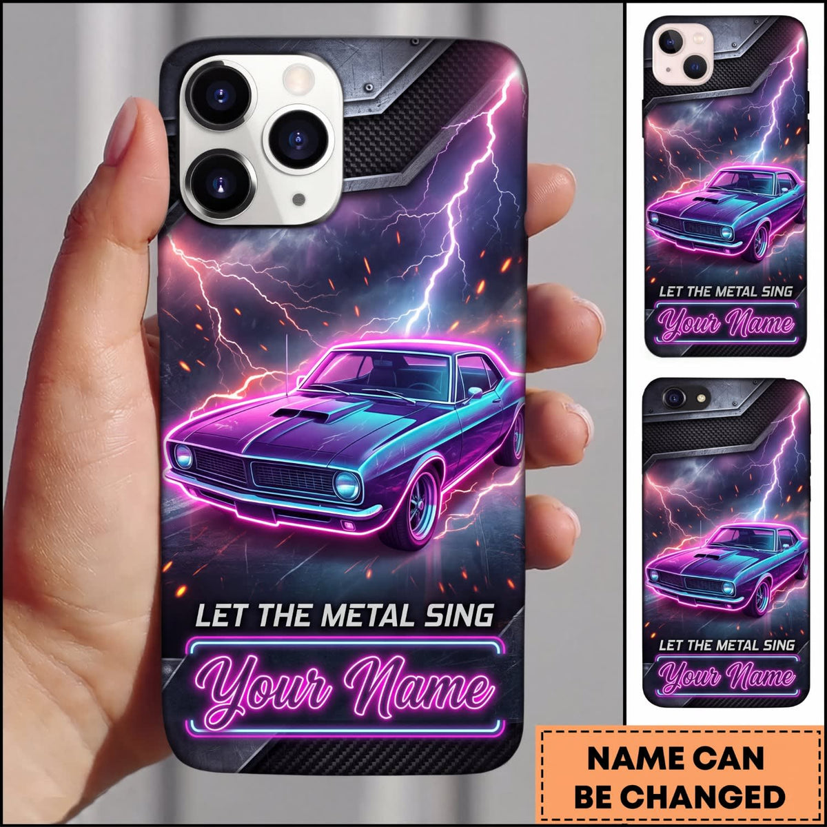 Maxcorners Classic Muscle Car Purple Neon Lightning and Retro Car Personalized Name 3D Phone Case