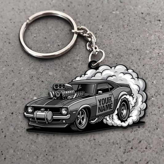 Maxcorners Classic Muscle Car Black Vintage Coupe with Racing Stripes and Tire Smoke Personalized Name 3D Keychain And Ornament