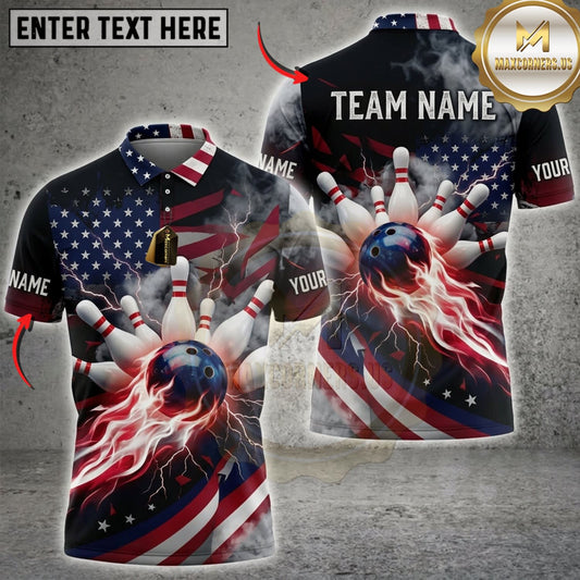 Maxcorners Bowling American Flag Lightning Bowling Ball And Strike Personalized Name 3D Unisex Shirt