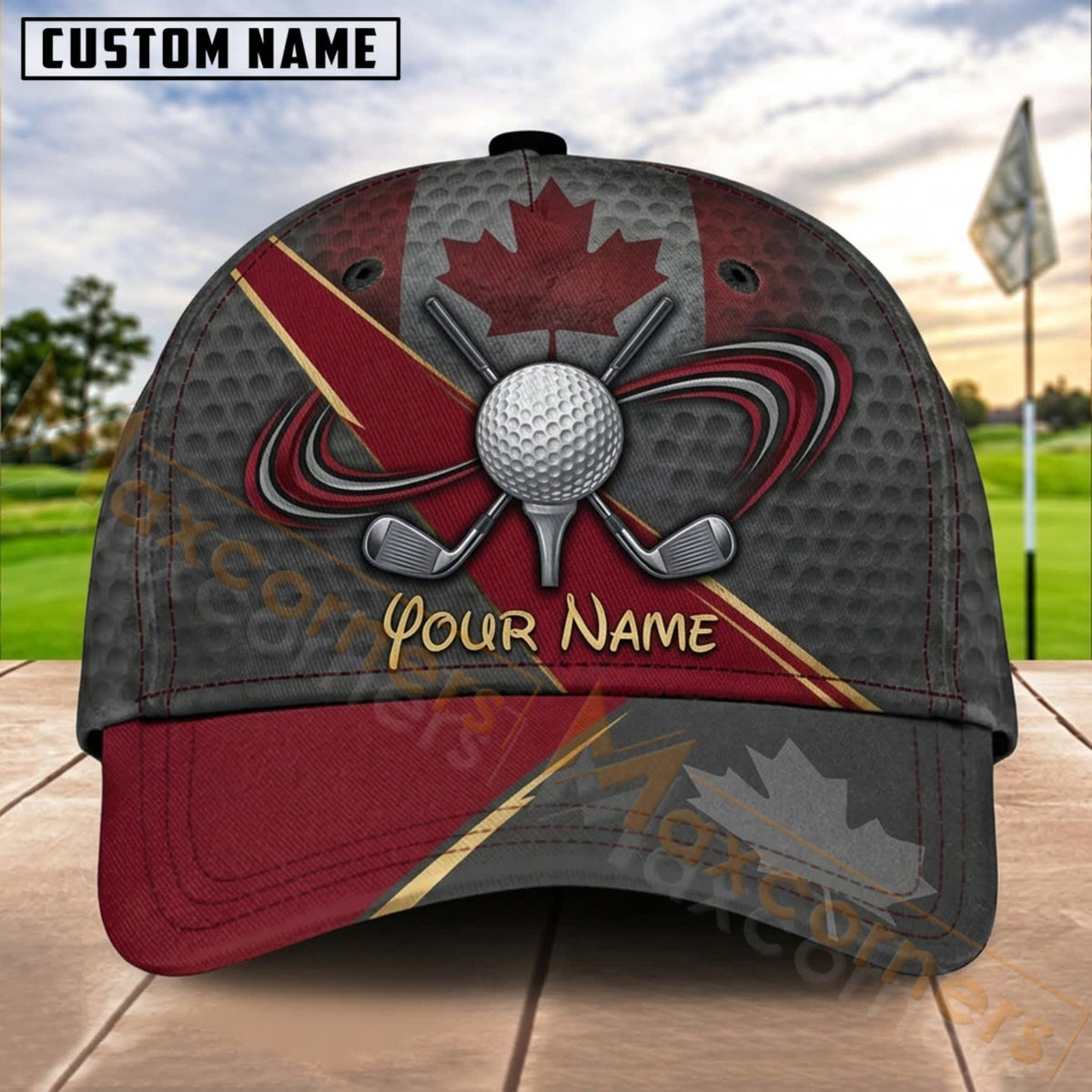 Maxcorners Golf Red Shield Ball Wings Personalized Name 3D Cap