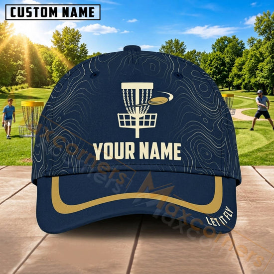Maxcorners Disc Golf Navy Gold Chain Basket Personalized Name 3D Cap