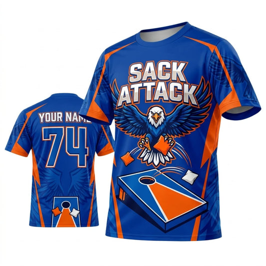 Maxcorners Cornhole Sack Attack Blue Orange Eagle Personalized Name 3D Unisex Shirt