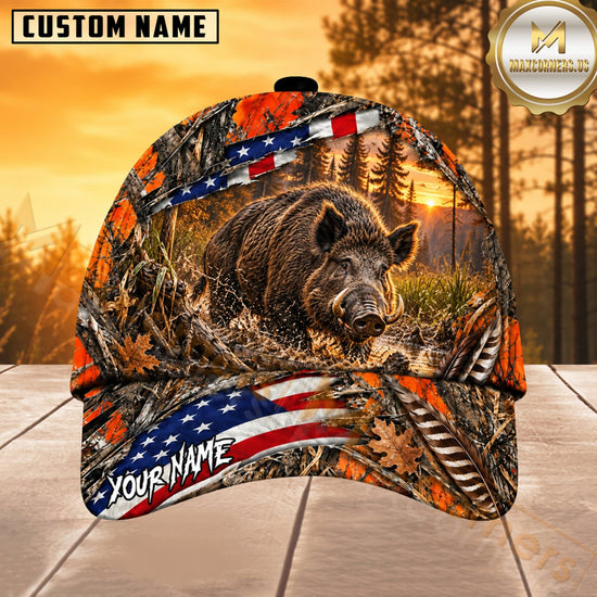 Maxcorners Hunting  American Flag Orange Camo Hunting Scene Multiple Options Personalized Name 3D Cap