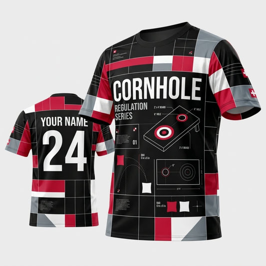 Maxcorners Cornhole Black Red Checkerboard Racing Personalized Name 3D Unisex Shirt