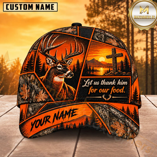 Maxcorners Deer Hunting Whitetail Buck Let Us Thank Him for Our Food Split Panel Camo Customized Name 3D Cap