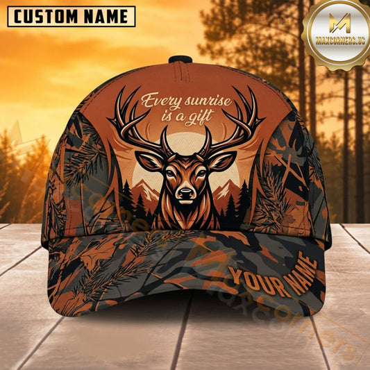 Maxcorners Deer Hunting Whitetail Deer Skull Rustic Sunset Antlers Camo Customized Name 3D Cap