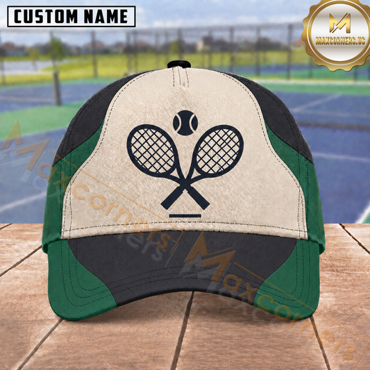 Maxcorners Tennis Crossed Rackets Tennis Ball Cream Green Black Color Block Minimalist Personalized Name 3D Cap