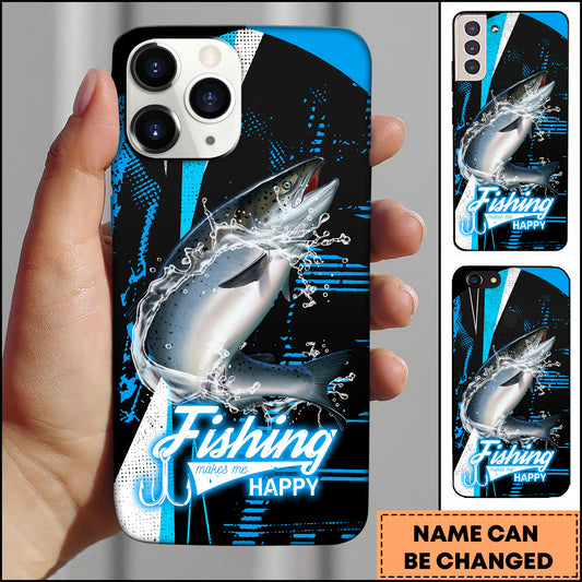 Maxcorners Salmon Fishing Blue Black Modern Splash Art Personalized Name 3D Phone Case