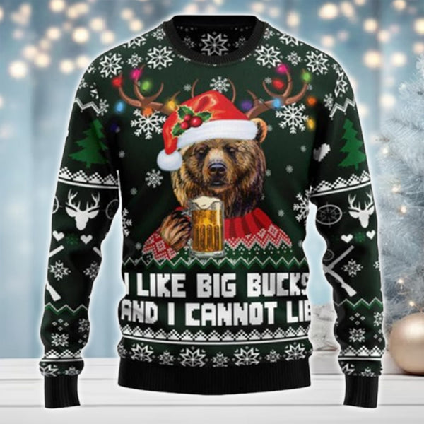 Maxcorners Bear Hunting And Beer Christmas All Over Print Sweater