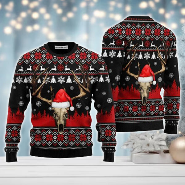 Maxcorners Skeleton Head Deer Hunting Merry Christmas All Over Print Sweater