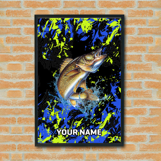Maxcorners Walleye Fishing Neon Splash Abstract Art Personalized Name 3D Poster