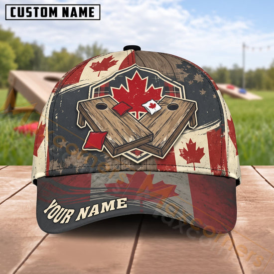 Maxcorners Cornhole Canadian Maple Leaf Rustic Board And Bags Personalized Name 3D Cap