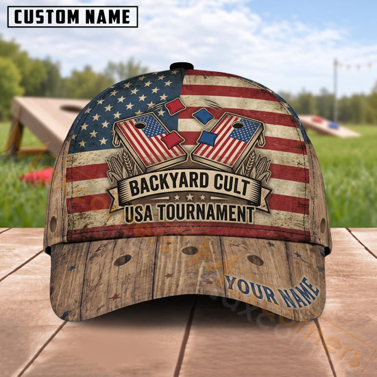 Maxcorners Cornhole Backyard Cult USA Tournament Rustic Wood Personalized Name 3D Cap
