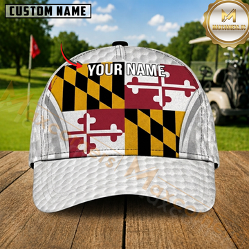 Maxcorners Golf Maryland Flag White Red Yellow Black Personalized Name 3D Cap