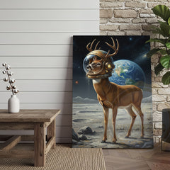 Maxcorners Astronaut Deer Standing on the Moon with Earth in Background Wrapped Canvas Wall Art