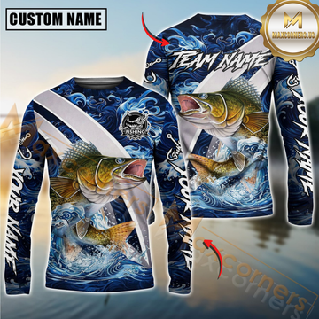 Maxcorners Walleye Fishing Blue Lava Smoke Silver Line Design Custom Name & Team Name 3D Shirts