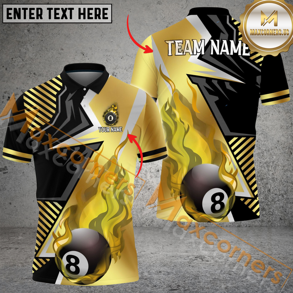 Maxcorners Ball 8 Blazing Strike Golden Pattern Billiard Jersey Multicolor Options Personalized Name, Team Name 3D Polo Shirt