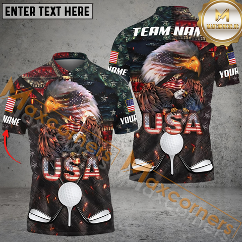 Maxcorners Golf Premium Golden Eagle Pride Of America Multicolor Option Customized Name, Team Name 3D Polo Shirt