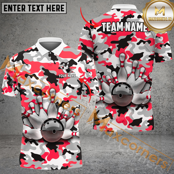 Maxcorners Ball And Pins Color Camo Pattern Bowling Jersey Multicolor Option Customized Name, Team Name 3D Polo Shirt