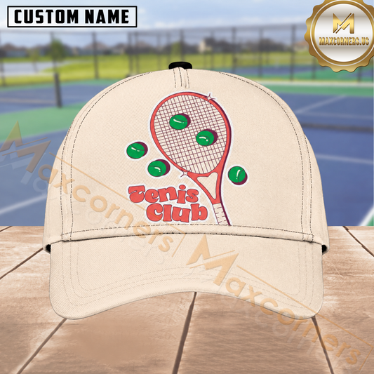 Maxcorners Tennis Tennis Club Racket and Tennis Balls Cream Coral Retro Cartoon Personalized Name 3D Cap