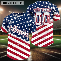 Maxcorners Grunge USA Flag Baseball Jersey For Men - Custom Patriotic Shirt With Name & Numbe LM2608