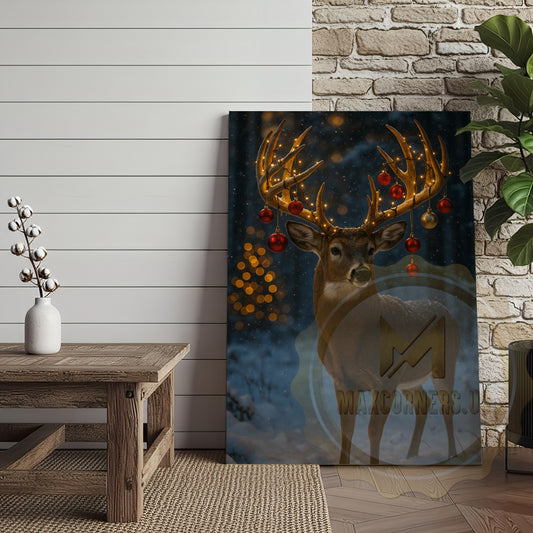 Maxcorners Holiday Stag Canvas Art - Snowy Christmas Cabin Scene