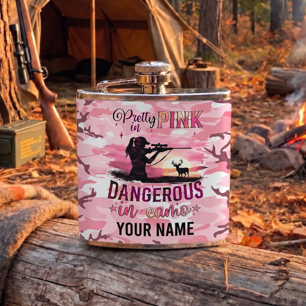 Maxcorners Hunting Pretty In Pink Dangerous Camo Quote Design Personalized Name 3D Hip Flask