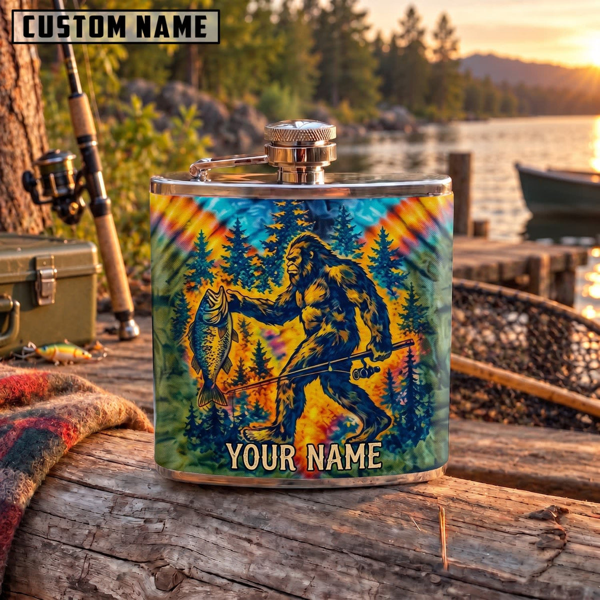 Maxcorners Fishing Marlin Colorful Tropical Pattern Personalized Name 3D Hip Flask