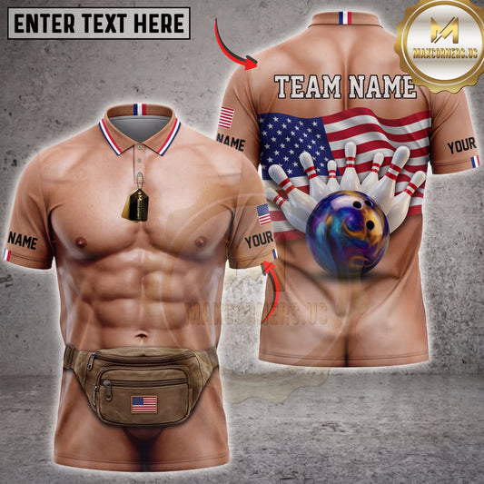 Maxcorners Bowling Muscular Body Waist Bag Bowling Ball Pins Personalized Name 3D Unisex Shirt