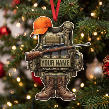 Maxcorners Hunting Orange Cap Camo Vest And Boots Personalized Name 3D Keychain And Ornament