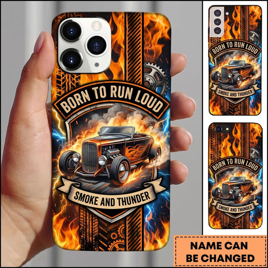 Maxcorners Hot Rod Orange Classic Car with Flaming Garage Badge Personalized Name 3D Phone Case